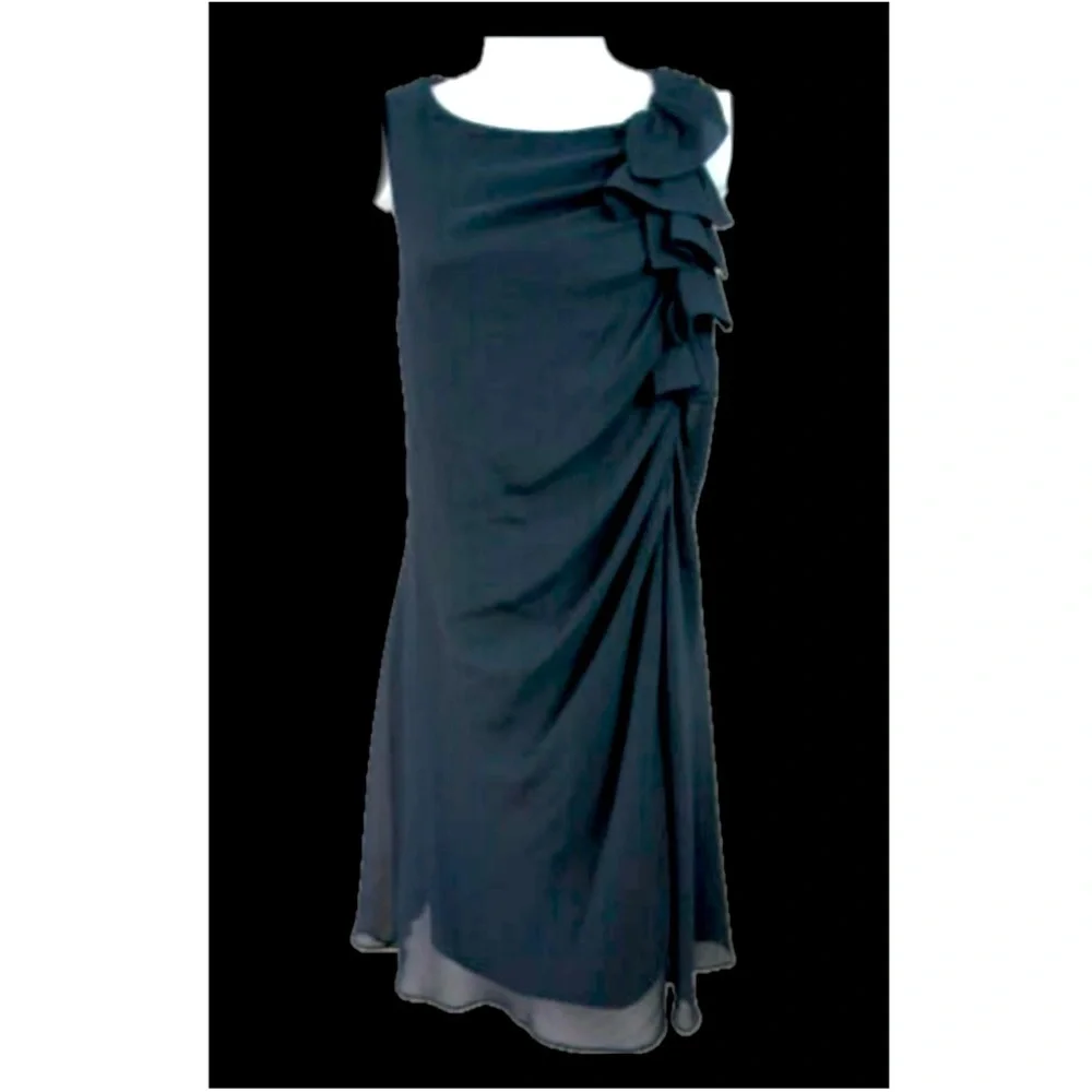 90s Asymmetrical Black Chiffon Dress – Draped Knee-Length with Shoulder Ruffle - Picture 2 of 15